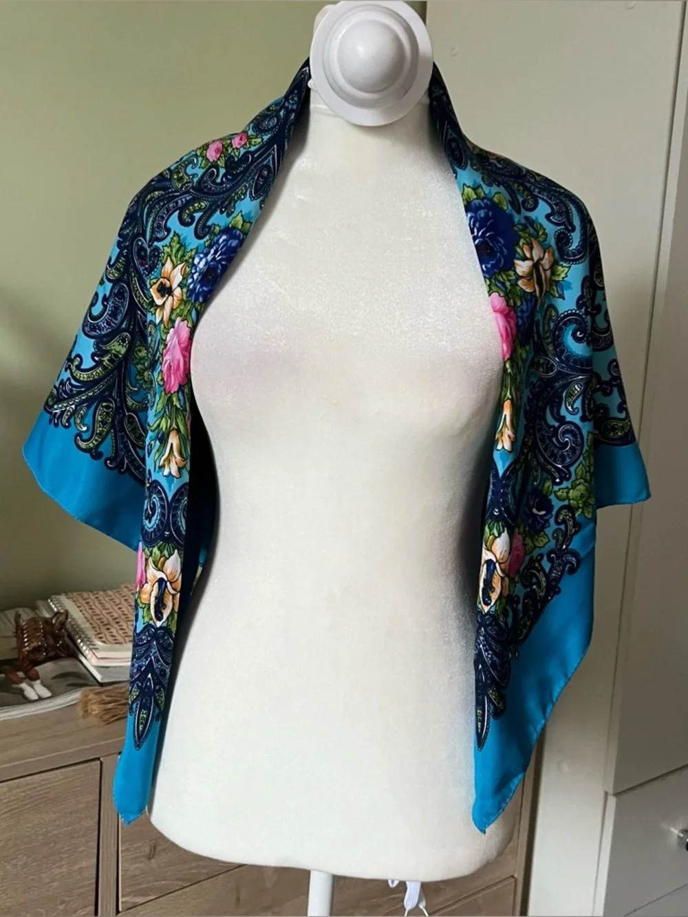 Turquoise Blue Colorful Floral Paisley Multi-Use Scarf Head-Covering Accessory